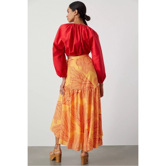 ANTHROPOLOGIE Hutch Leaf Printed Ruffle High Low Wrap Maxi Skirt Orange M NWT - Picture 5 of 8